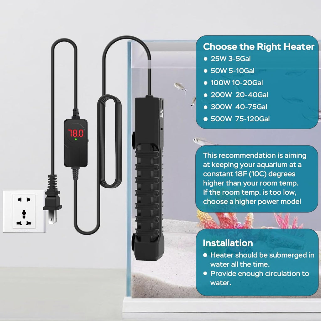 AquaMiracle 200W Submersible Aquarium Heater with LED Digital Display
