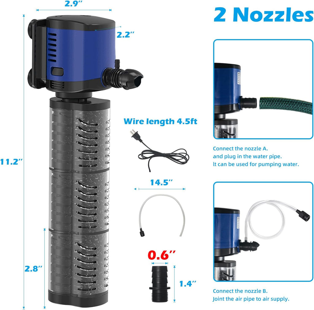 Aquarium Filter Powerful 260GPH for 35-75 Gallon Fish Tank Small Pond Fountain, Wave-maker Submersible Water Pump Turtle Tank Filter for Saltwater & Freshwater System
