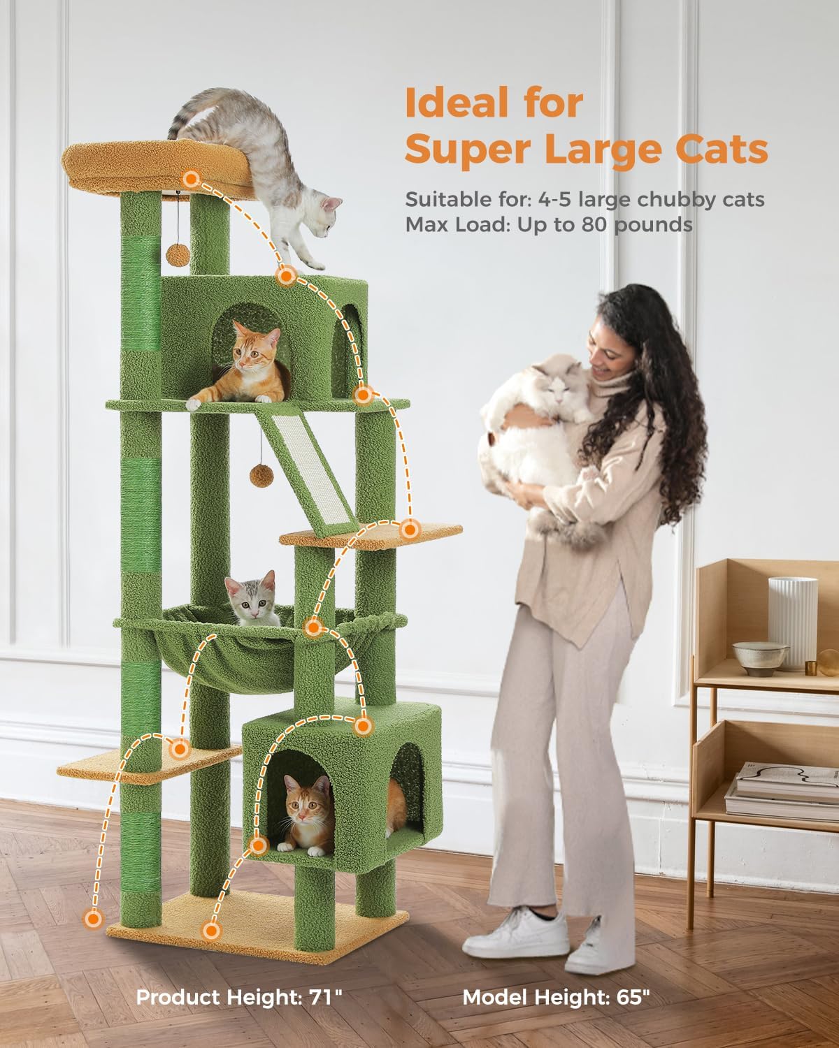 MUTTROS 71" Cactus Cat Tree for Large Cats, Hammock & 2 Condos, Green