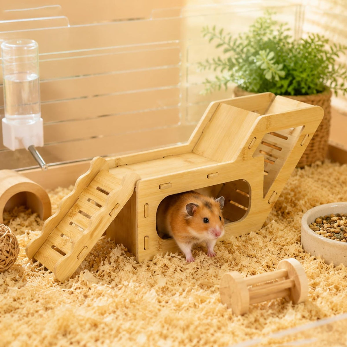 Bamboo Hamster Hideout House with Platform Dual Ramps and Ladder
