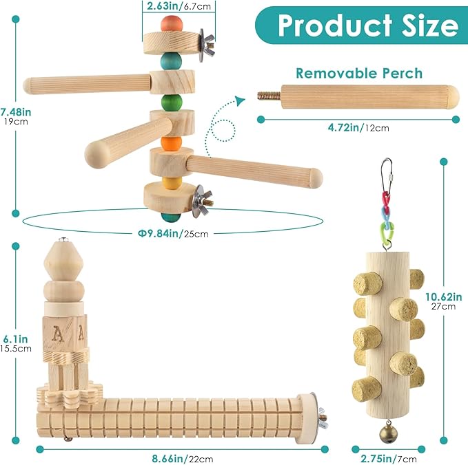 3pcs Natural Wood Bird Perch Toys, Rotating Perch Stand, L-Shaped Perches - Image 2