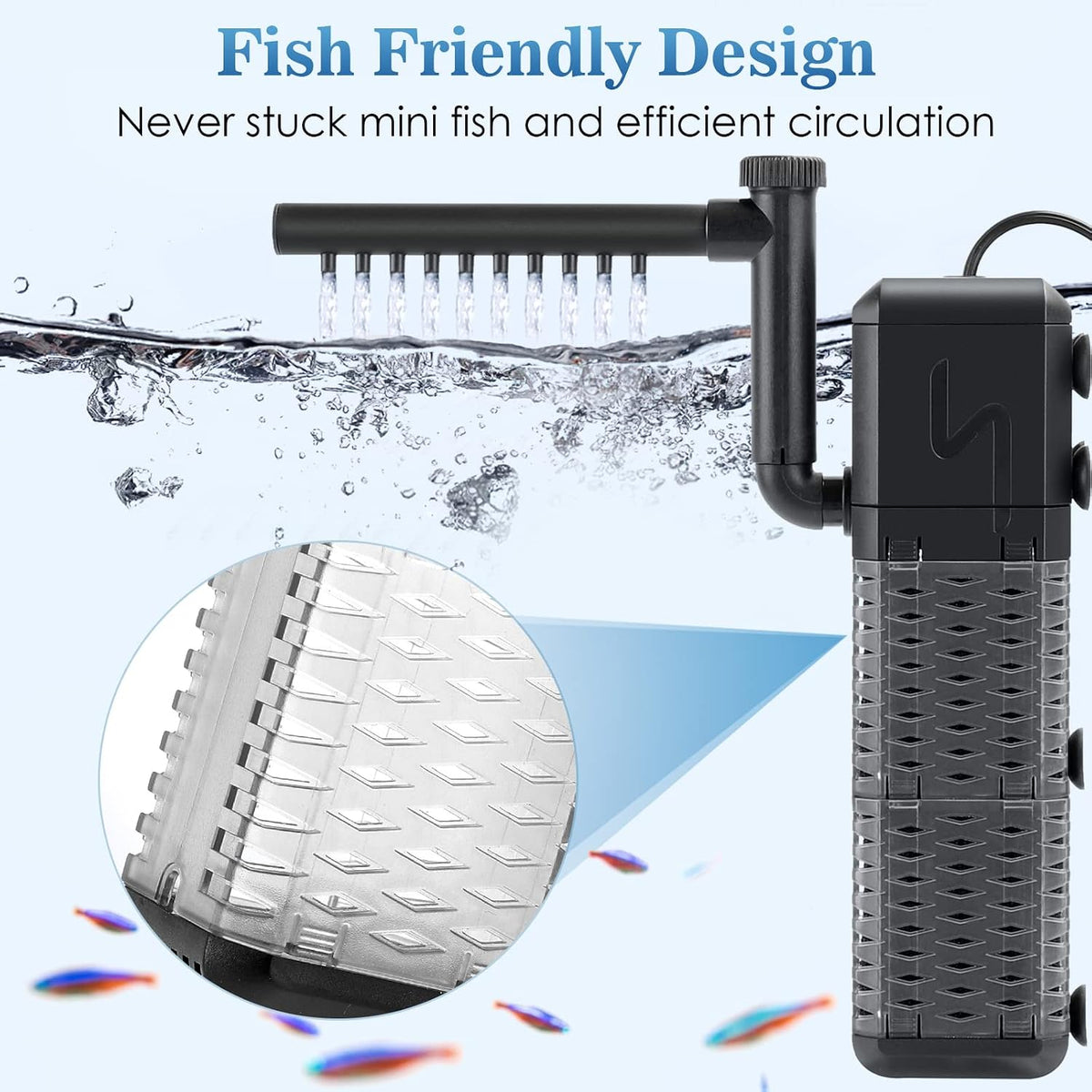 AQQA Submersible Aquarium Filter, Adjustable Flow with Aeration System
