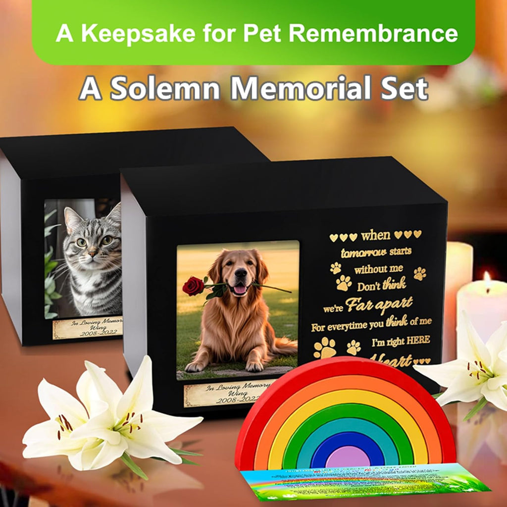 Wooden Rainbow Bridge Keepsakes Pet Urns, Handcrafted Dog/Cat Pet Urn, A Memorial Solemn Set, Pet Ashes Box with Photo Frame, Poem, Personalized Name Tag, ,Flannel Bag ,Pet Sympathy Remembrance Gift