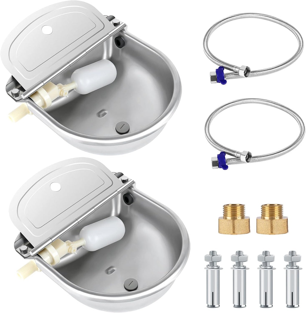 ToLanbbt Automatic Animal Dispenser Horse Water Bowl with Float Valve Stainless Steel Goat Waterer Feeder Outside Water Trough for Livestock Auto Fill Dog Watering Bowl with 1/2" Hose, Drainage Hole