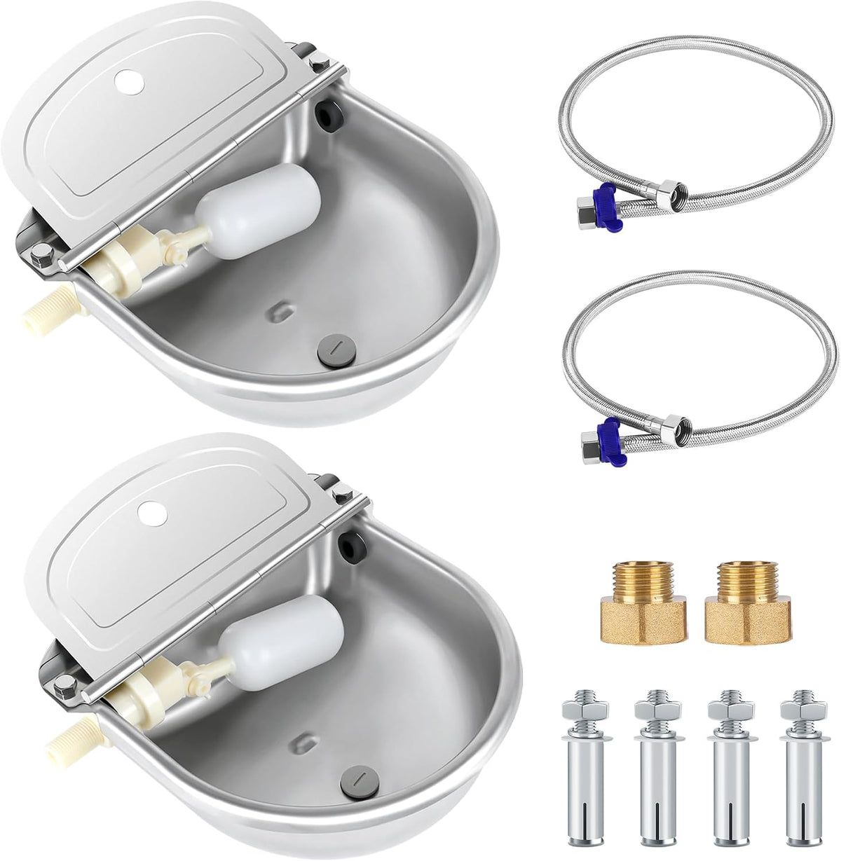 ToLanbbt Automatic Animal Dispenser Horse Water Bowl with Float Valve Stainless Steel Goat Waterer Feeder Outside Water Trough for Livestock Auto Fill Dog Watering Bowl with 1/2" Hose, Drainage Hole