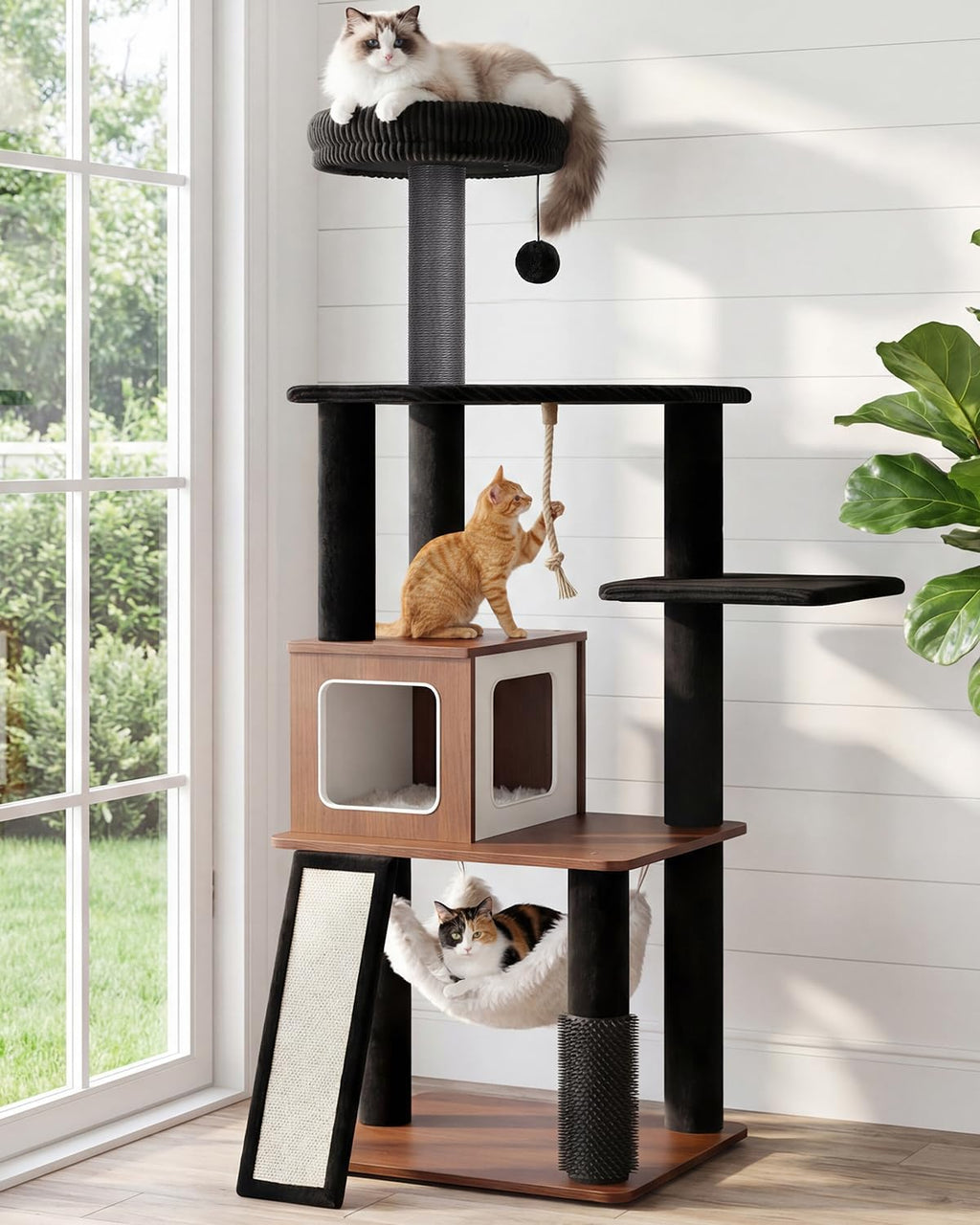 61" Modern Cat Tree, Tall Cat Tower with Self-Grooming Brush