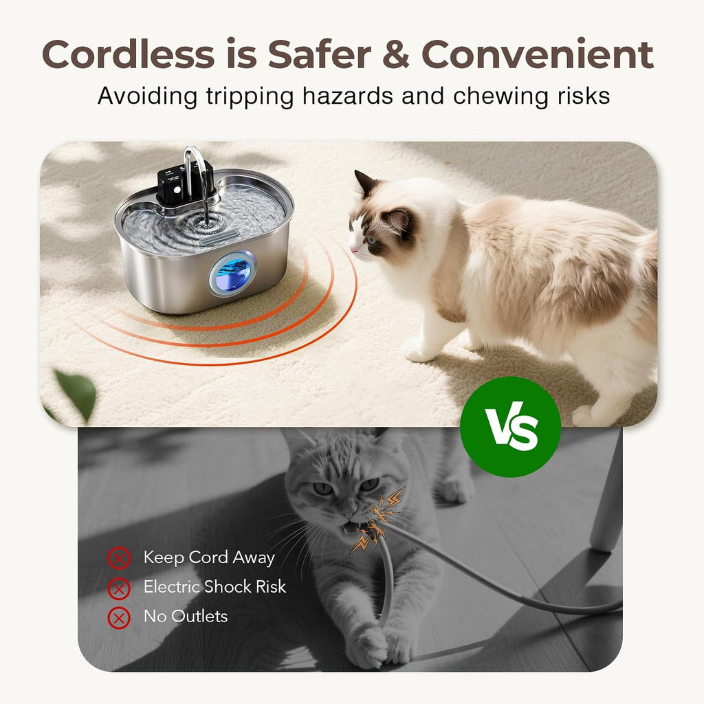 PEKTACO Wireless Cat Water Fountain, 108oz/3.2L Stainless Steel, 1 Filter