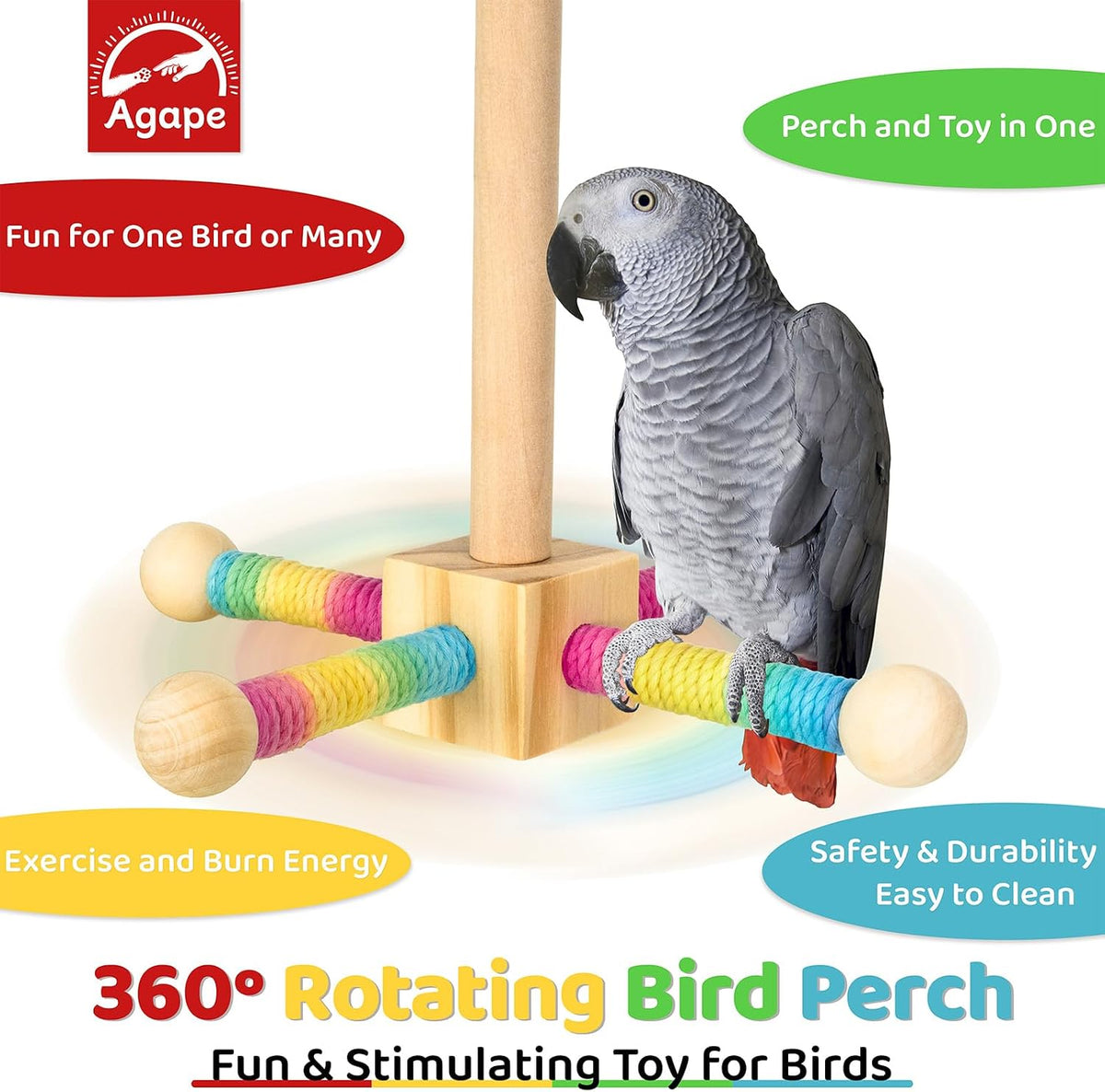 Agape Medium-Large Bird Toy, Rotating Interactive Parrot Toy, Wooden Perch