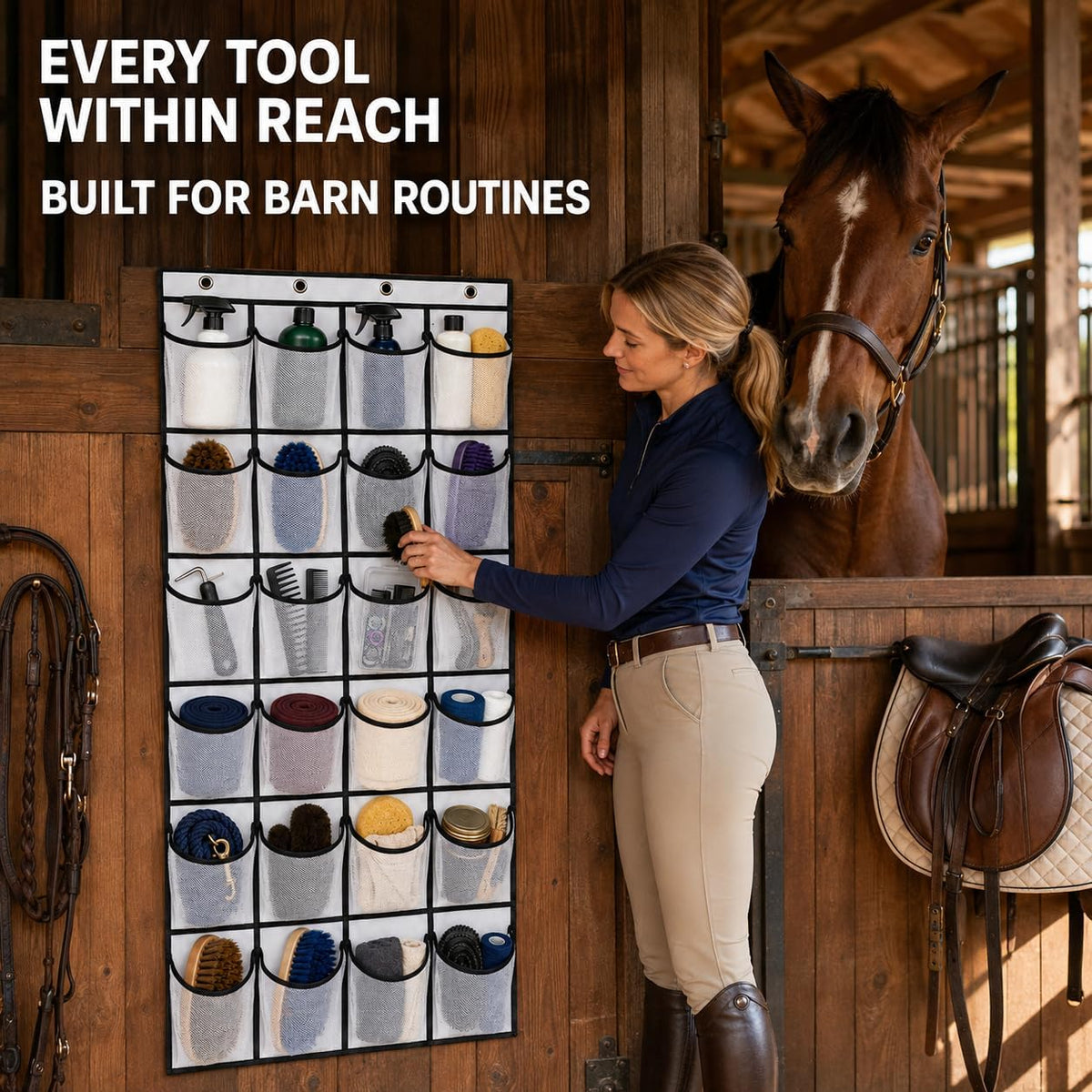 22" x 59" Extra-Large Horse Tack Organizer for Horse Tack Room Organization - Massive 24-Pocket Hanging Tack Bag, 3-in-1 Mounting, Horse Barn Accessories & Stable Storage