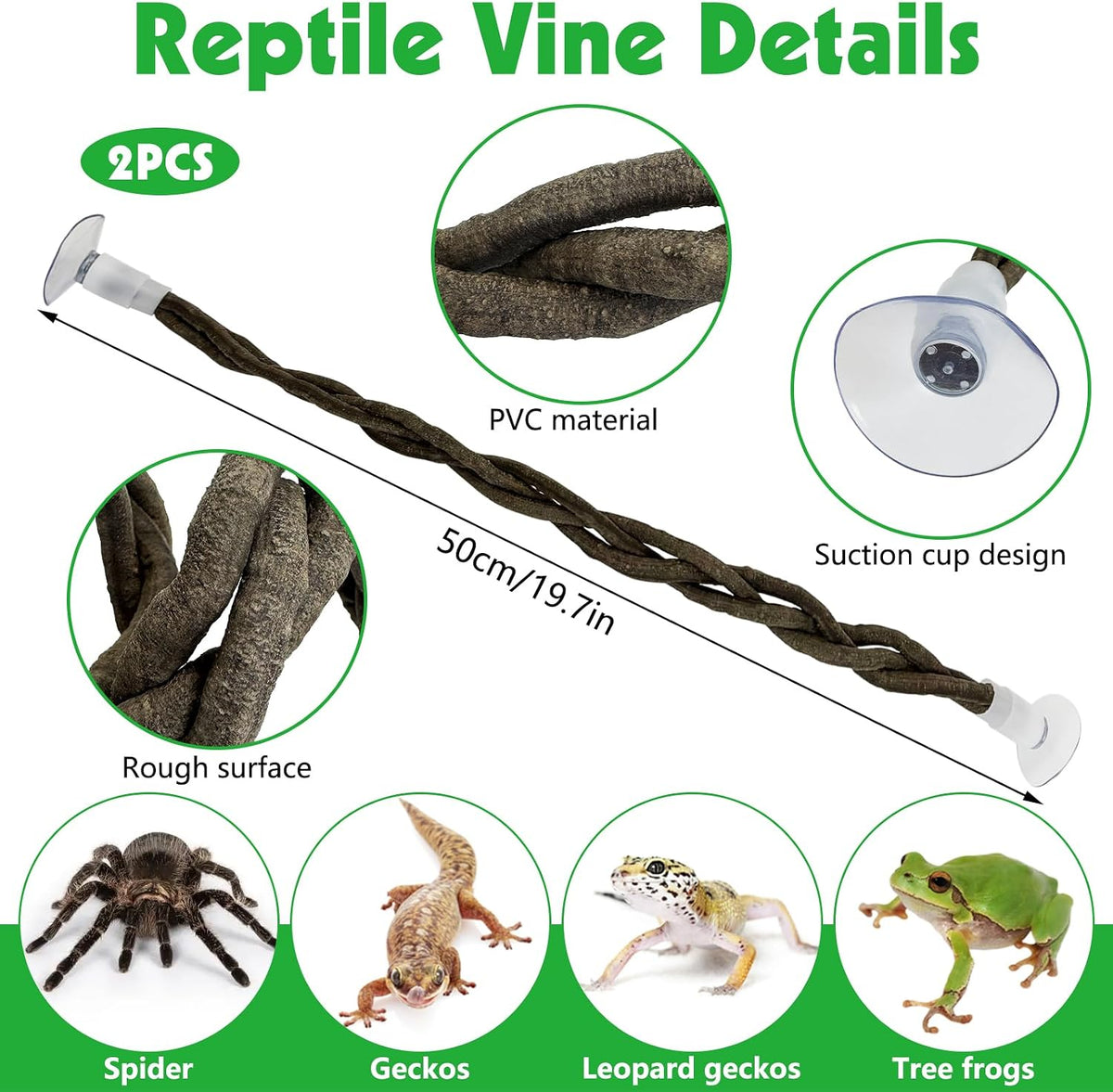 Bendable Reptile Vines with Suction Cups Artificial Reptile Climbing Jungle Vine Gecko Climbing Branches Terrarium Decoration for Gecko Habitat (19.7In, 2PCS)