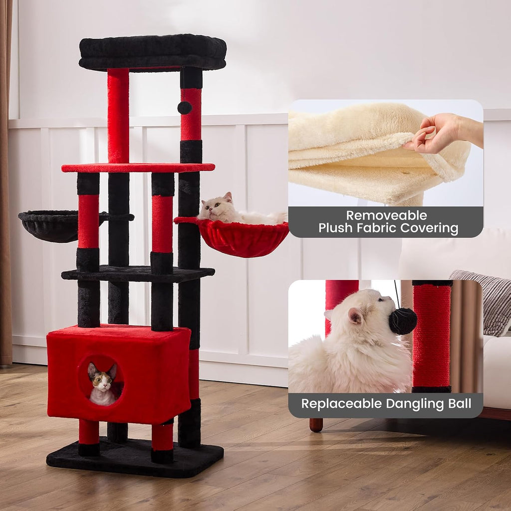 Cat Tree Tower for Large Cats 65 Inch - Heavy Duty Multi-Level Cat Furniture with Extra-Large Condo & Sisal Scratching Posts, Stable Cat Playground for Multiple Cats (Red, 66in)