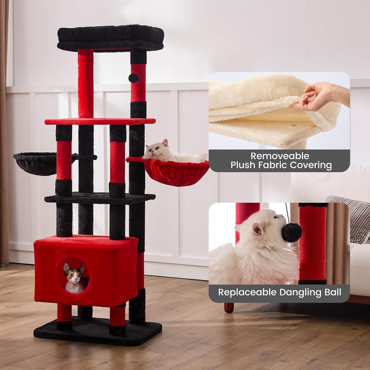 Cat Tree Tower for Large Cats 65 Inch - Heavy Duty Multi-Level Cat Furniture with Extra-Large Condo & Sisal Scratching Posts, Stable Cat Playground for Multiple Cats (Red, 66in)