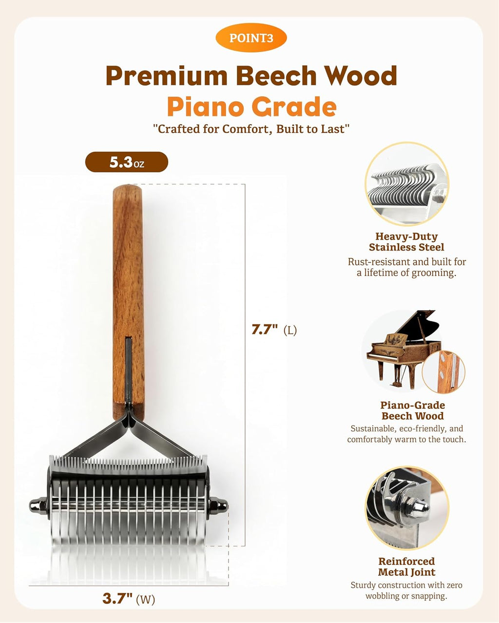 Deshedding & Dematting Brush for Cats, Cat Brush for Long Haired Cats, Professional 2-in-1 Undercoat Rake for Shedding, Efficiently Removes Loose Hair & Tangles, Safe Detangler for Matted Fur