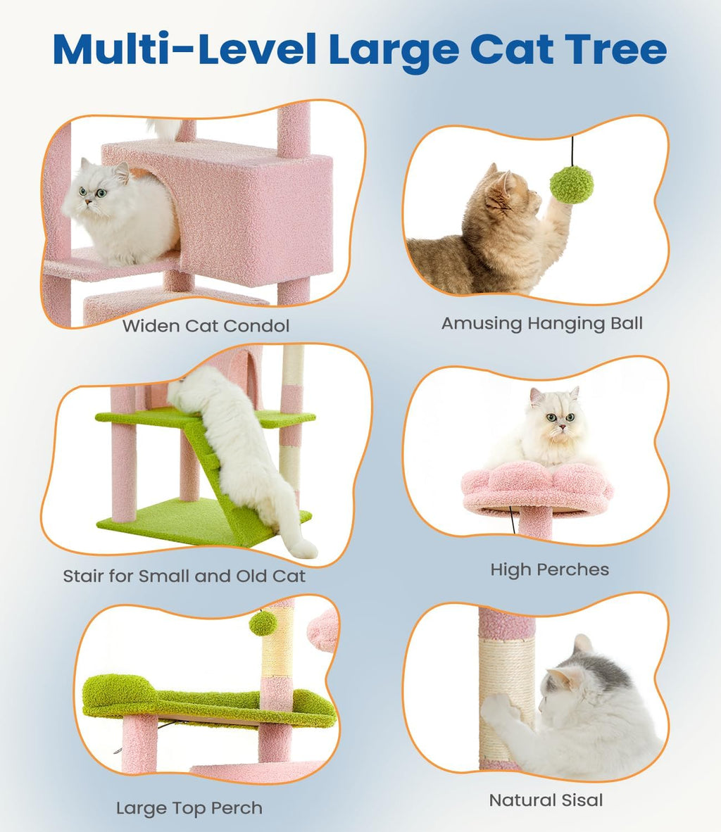Cat Tree Tower 56in Cat Trees Multi-Level Cat Condos with Spacious Perch, 2 Cozy Condos, Scratching Posts, Climbing Ladder, Toy Ball, Durable Pet House Furniture for Indoor Kittens, Pink Green Flower