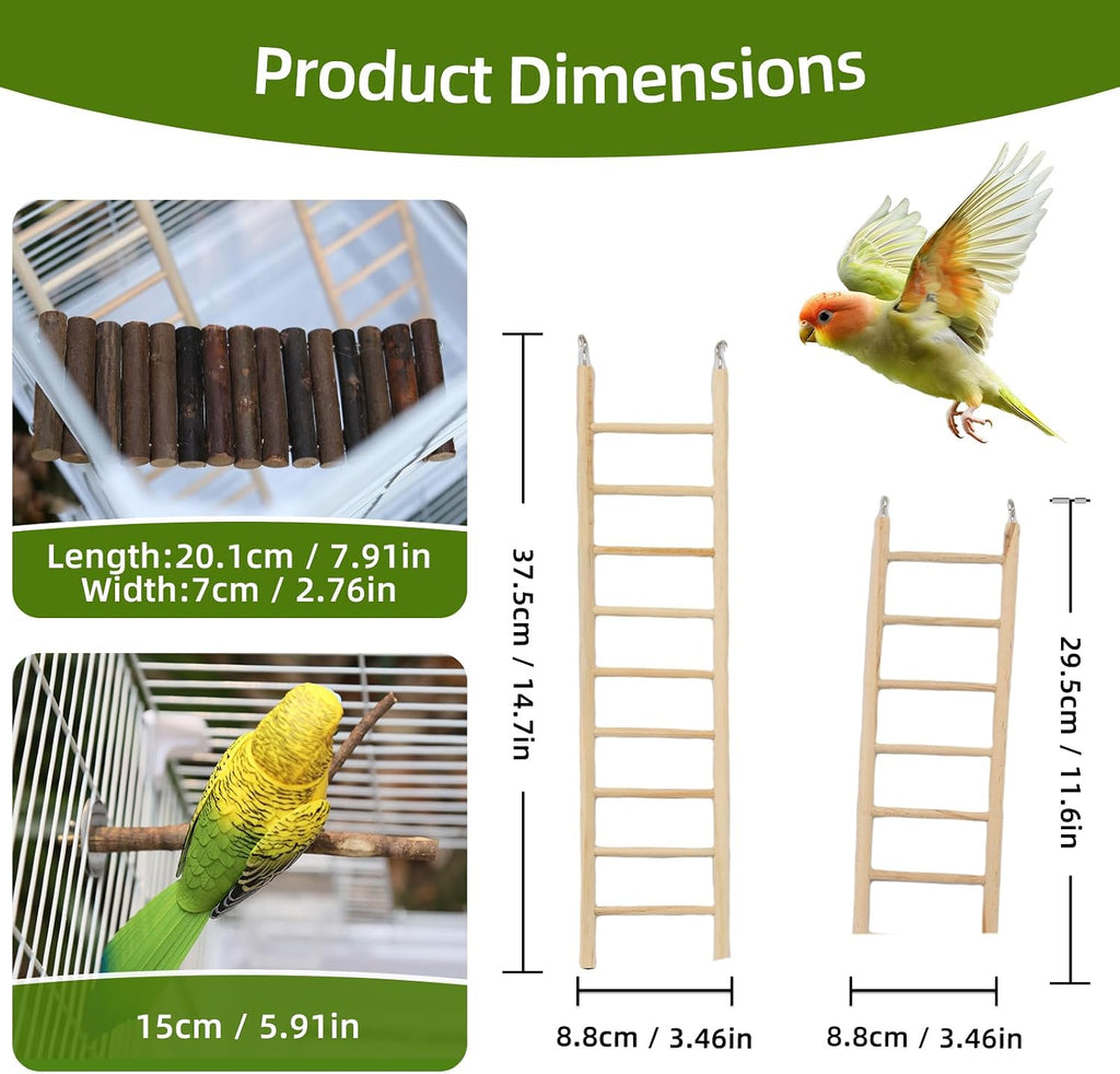 4 Packs Bird Toys - Natural Wooden Parrot Perch Stand, Platform Hammock Swing, ladders - for Macaws, Small Parakeets, Conures, Budgies, Finches