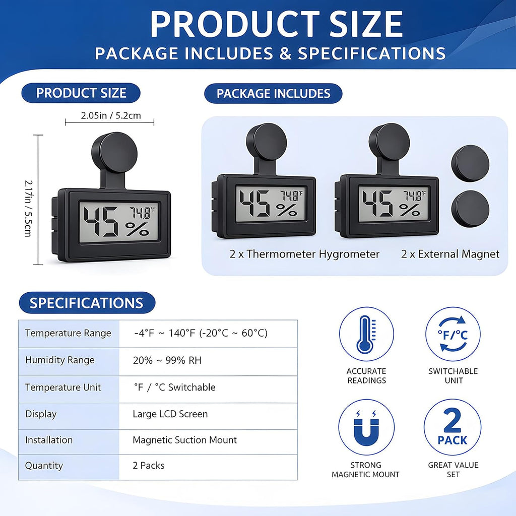 2 Pack Magnetic Reptile Thermometer Hygrometer,Fast-Read °F/°C Digital Temp&Humidity Gauge for Terrarium Tank Enclosure,for Bearded Dragon,Gecko,Snake, Tortoise,Hermit Crab,Jumping Spider (Black)