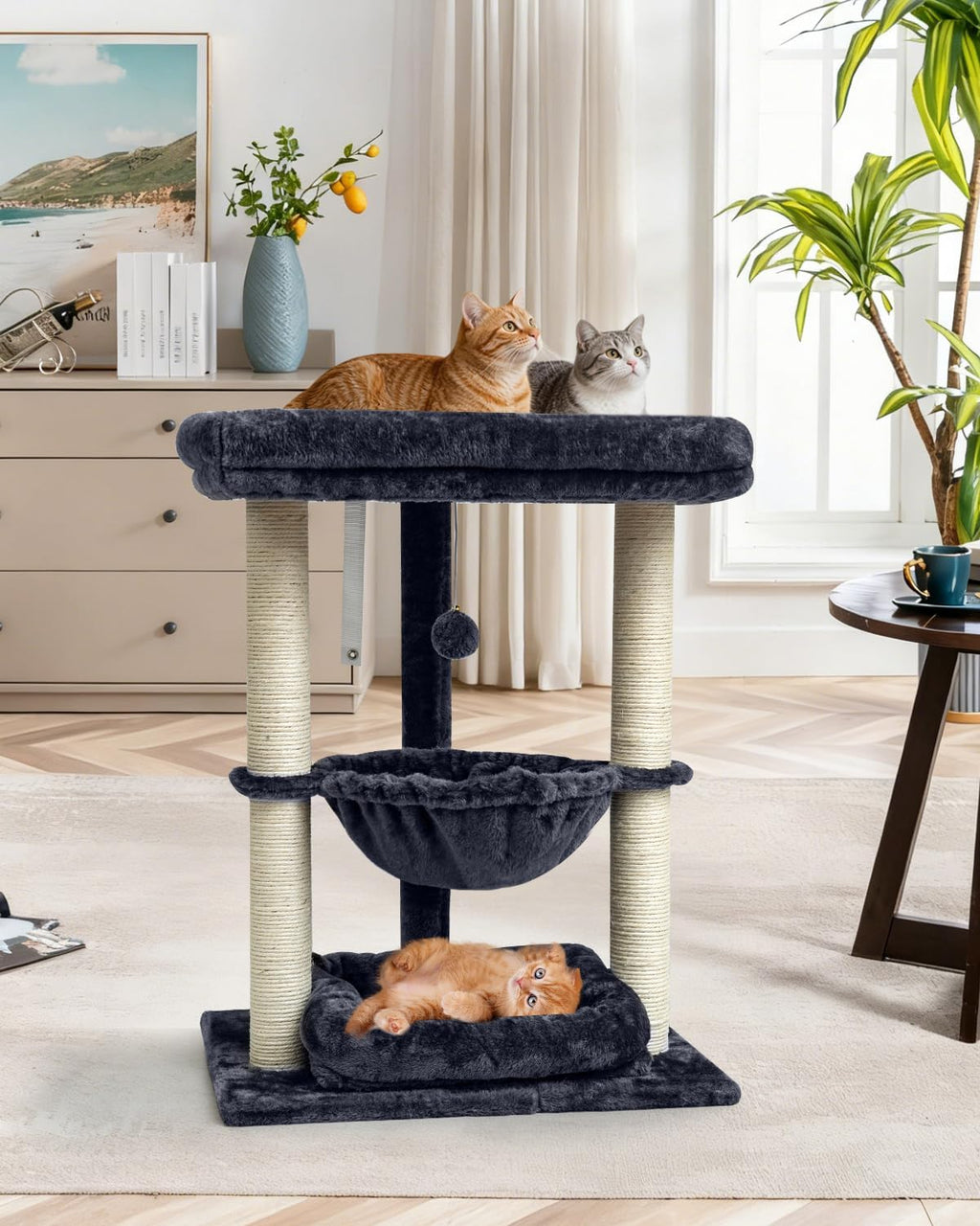 SYANDLVY 3 Level Cat Tree for Large Cats with Top Perch, Hammock/Bottom Bed