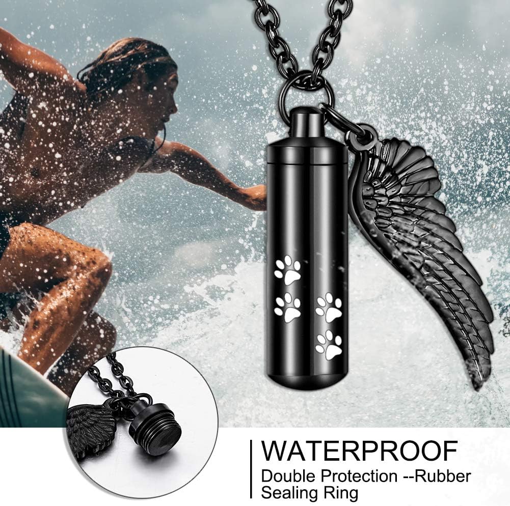 abooxiu Cylinder Cremation Necklace for Pet Ashes With Angel Wing Paw - Urn Necklace for Dog/Cat Memorial Keepsake Jewelry