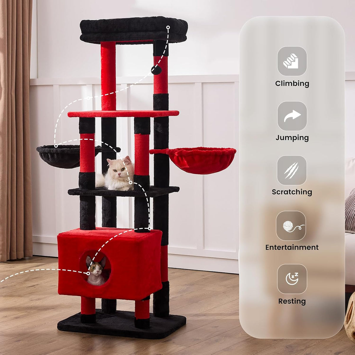 Cat Tree Tower for Large Cats 65 Inch - Heavy Duty Multi-Level Cat Furniture with Extra-Large Condo & Sisal Scratching Posts, Stable Cat Playground for Multiple Cats (Red, 66in)