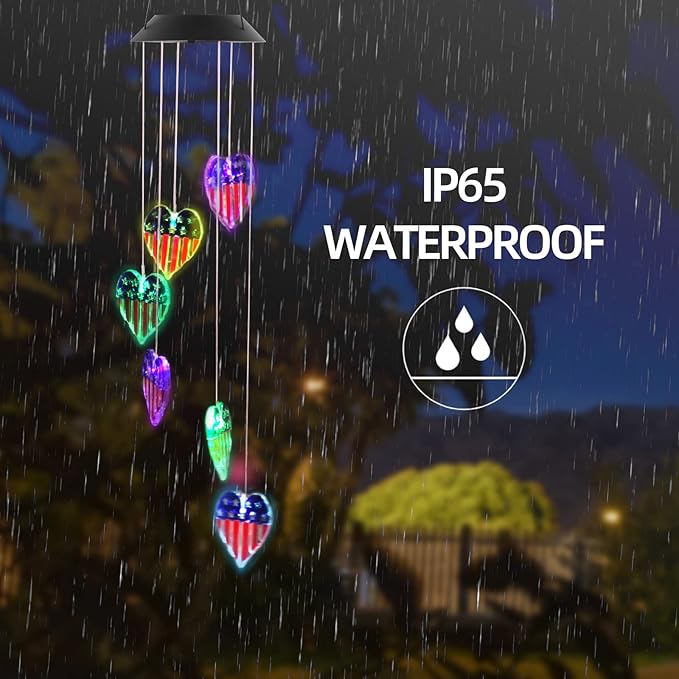 American Flag Solar Wind Chimes, Heart-Shaped Love Patriotic Wind Chime Color - Image 8