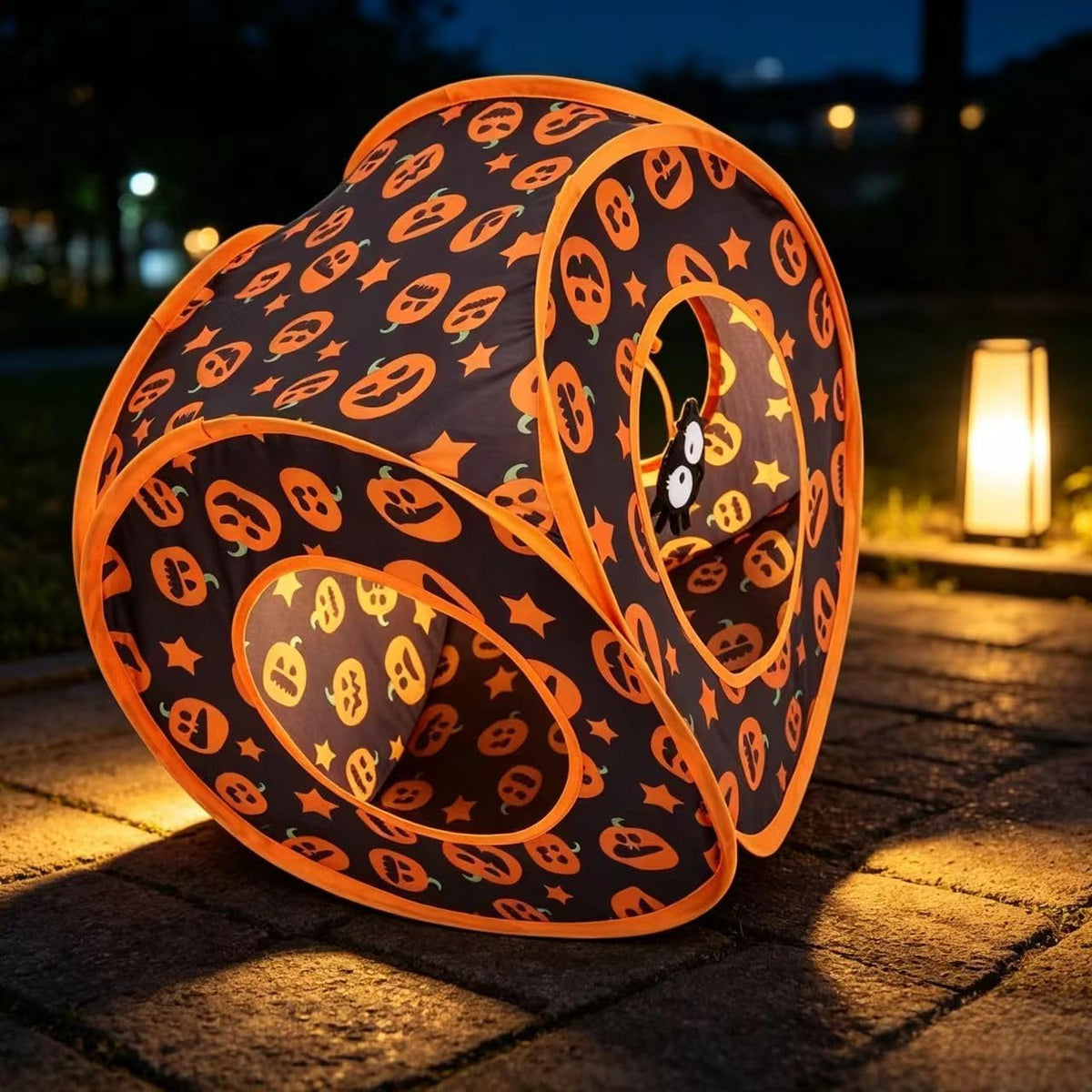 Halloween Cat Tent Cube for Indoor Cats, Pop Up Kitten Play Tunnel House, Collapsible Pet Hideaway Cave Box Toys with 3 Holes, Pumpkin Hut