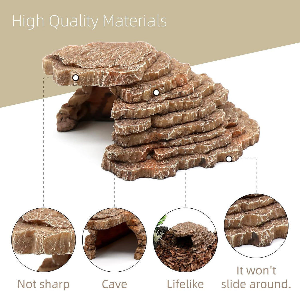 Gecko Hide Shale Scape Step Ledge, Reptile Cave Hideout Tank Accessories Decorations, Great for Reptiles, Amphibians, Leopard Gecko, Lizard, Frogs, Turtle (Small-7.3 * 4.4 * 3)