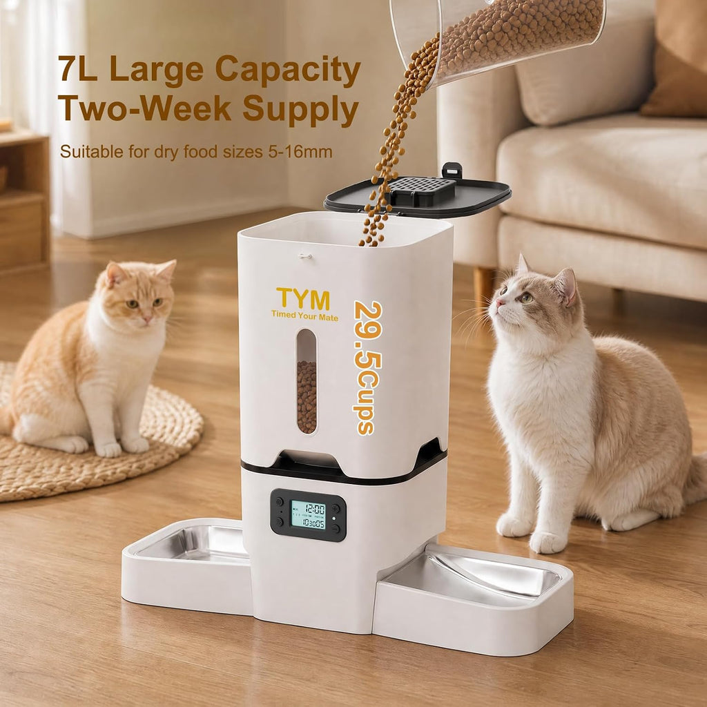 Automatic Cat Feeder 2 Cats, 7L Dry Cat Food Dispenser with Double Bowls