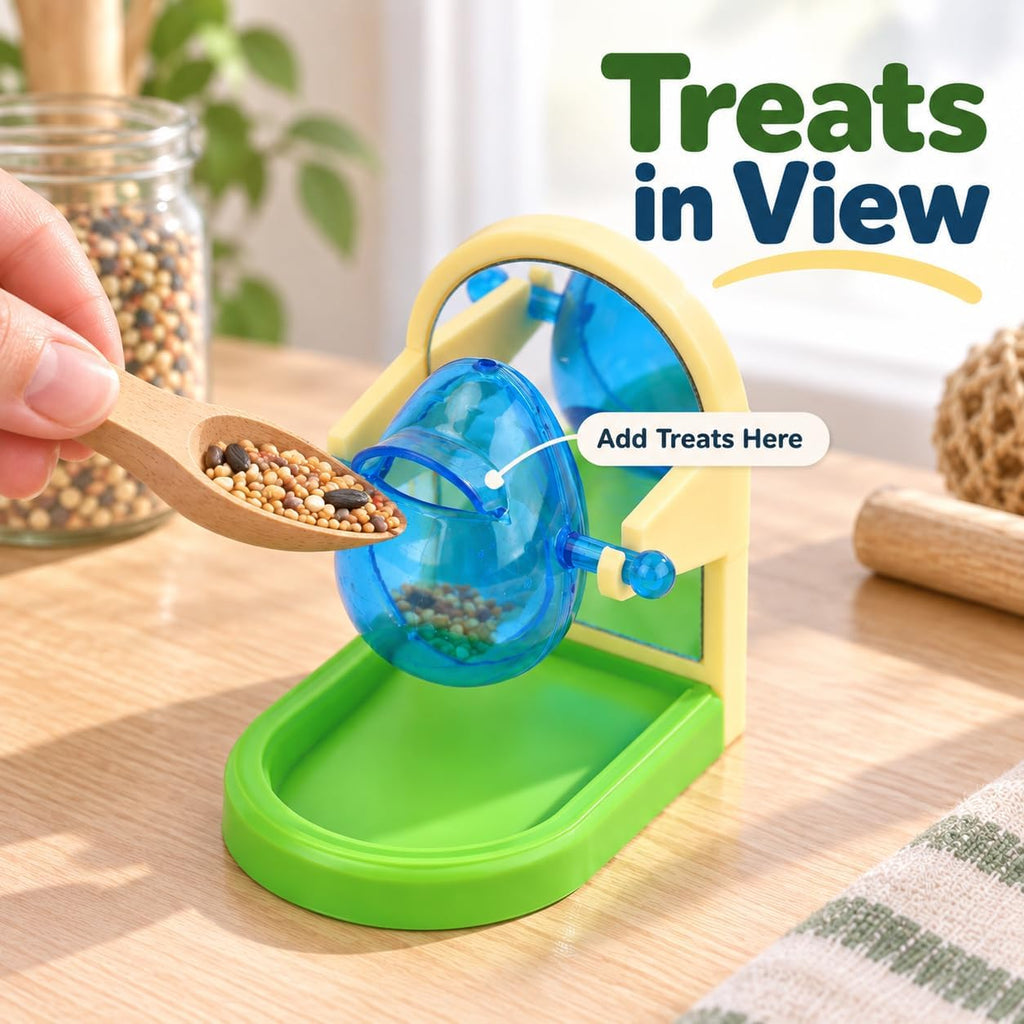 Small Pet Intelligence Growth Rotating Foraging Toy with Mirror for Birds,Budgies,Parakeets, Rats & Hamsters Chew-Proof Cage Feeder Slow Release & Self-Discovery Fun(1pc Random Color)