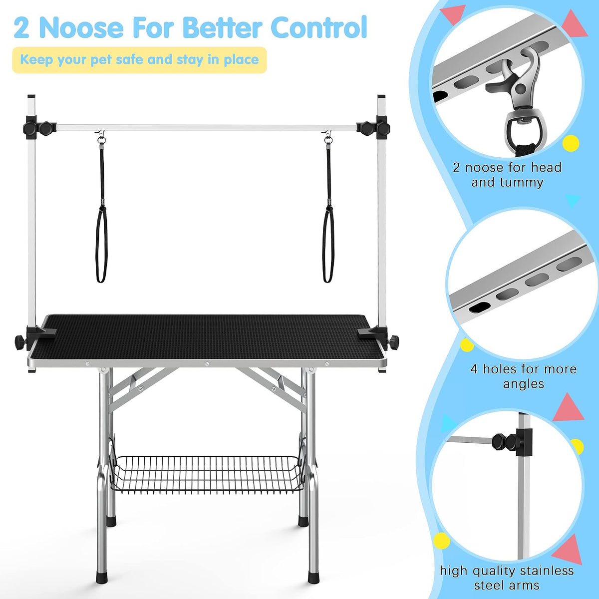 Lyromix 36'' Foldable Dog Grooming Table with Arms/Nooses/Mesh Tray, Black