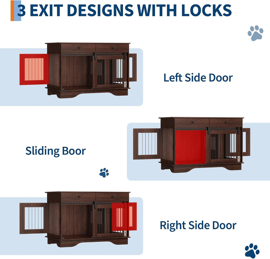 47" Large Dog Crate Furniture,Dog Furniture Crate with 2 Storage Drawers & Removable Divider for Large/Medium/Small Dogs (Brown)