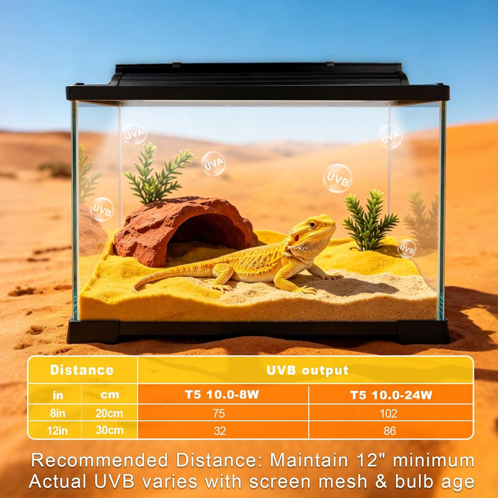 T5 UVB Reptile Light Fixture Combo Kit 8W 10.0 – Complete HO UVB Light for Reptiles with 12.44" Terrarium Hood, Desert UVB Bulb for Bearded Dragon Gecko Tortoise Lizard – Easy to Install and Use