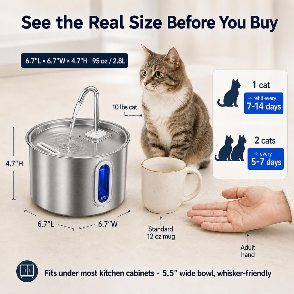 Stainless Steel Cat Water Fountain, 95oz Automatic Pet Water Dispenser