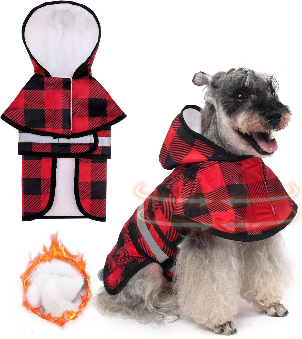 KOOLTAIL Dog Raincoat Hooded Slicker Poncho with Leash Hole, Raincoat for Small Medium Dogs, Waterproof Doggie Rain Jacket with Reflective Strip, Adjustable Breathable Plaid Puppy Rainwear-Beige XS