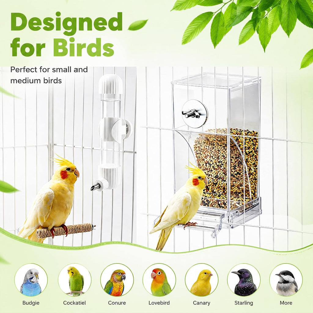 No Mess Bird Feeder Water Dispenser Set, Automatic Parrot Feeder for Cage