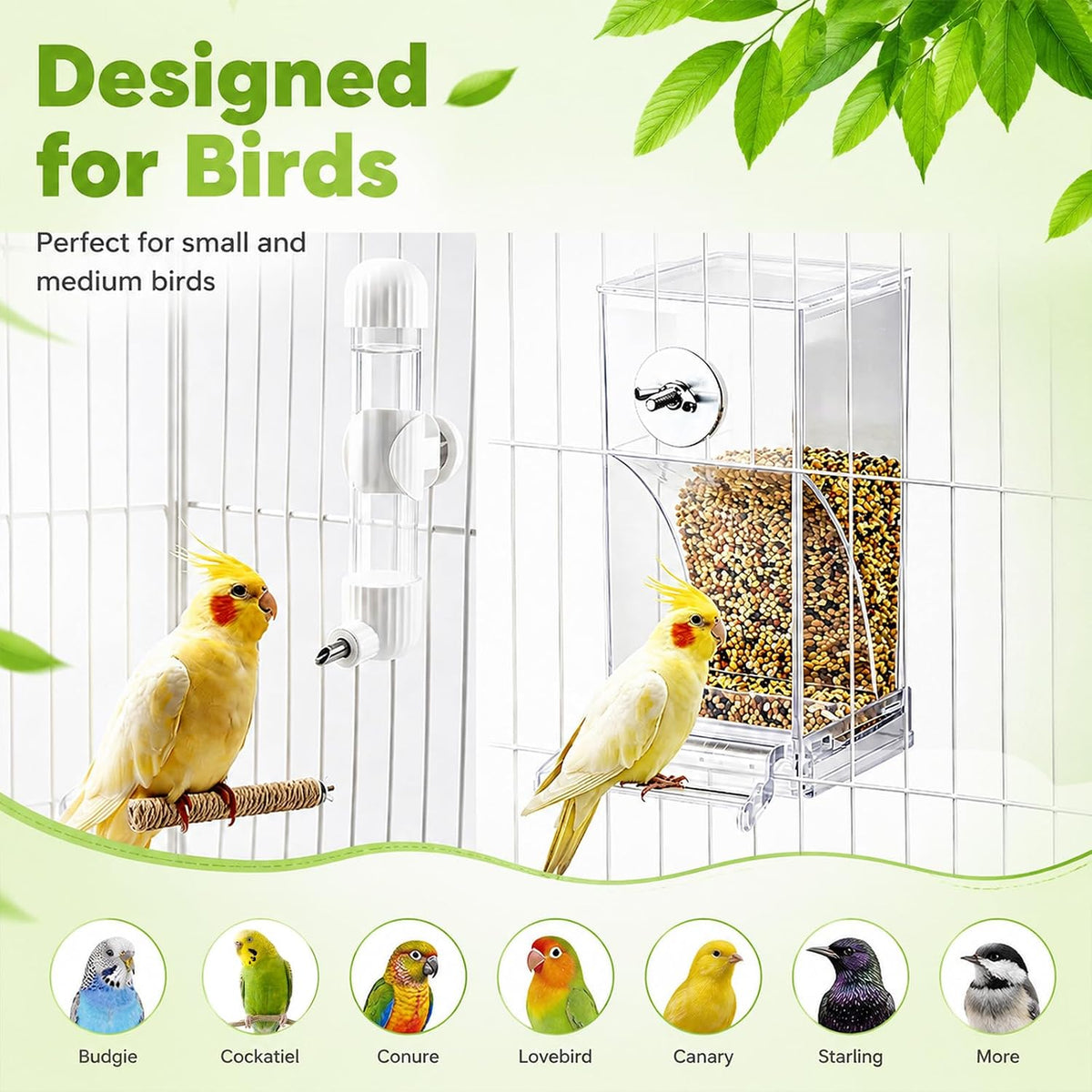 No Mess Bird Feeder Water Dispenser Set, Automatic Parrot Feeder for Cage