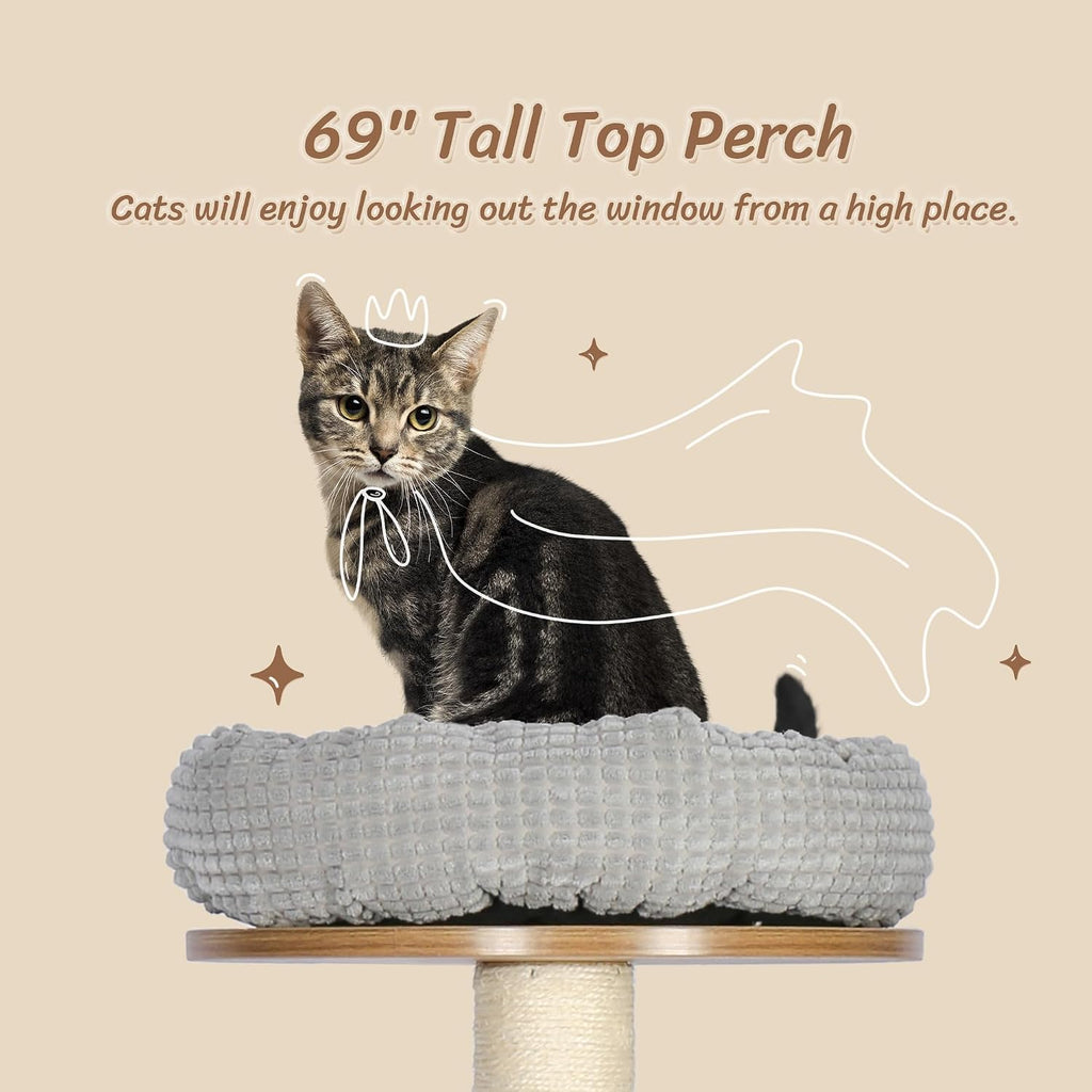 69”H Tall Wood Cat Tree, Large Cat Tower Multi-Level Platforms with Sisal Scratching Posts, Cat Condo for Large Cats 20 lbs Heavy Duty (69” H Wood Brown)