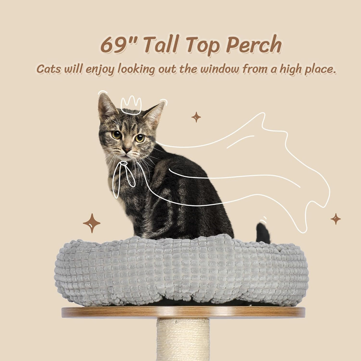 69”H Tall Wood Cat Tree, Large Cat Tower Multi-Level Platforms with Sisal Scratching Posts, Cat Condo for Large Cats 20 lbs Heavy Duty (69” H Wood Brown)