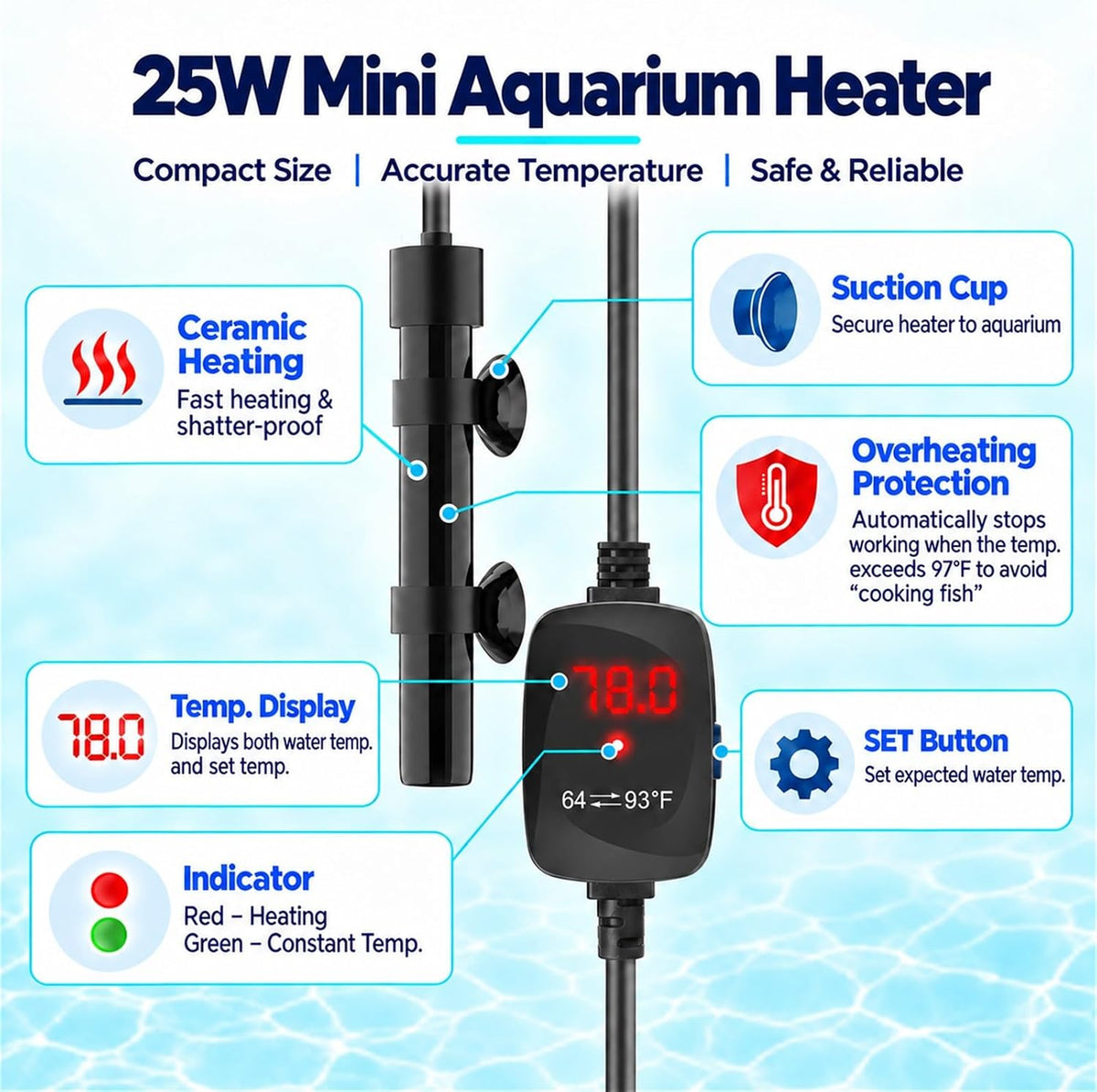 Thumb-Sized 25W Super Mini Aquarium Heater with Digital Display Thermostat