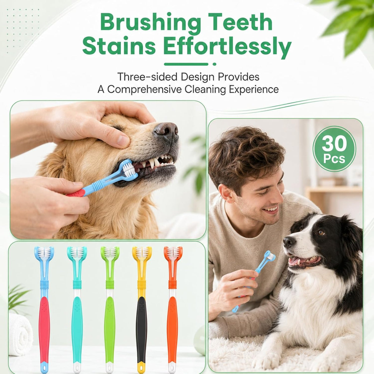30 Pack 3 Sided Toothbrush for Dogs, 7 Inch Cleaning Brush, Pet Dental Care