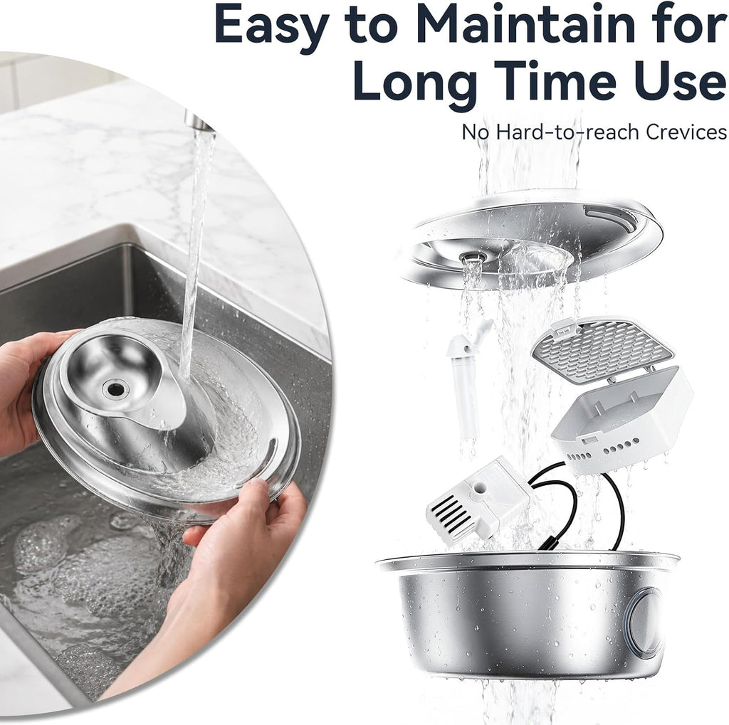 ORSDA Cat Water Fountain Stainless Steel, Automatic Pet Water Fountain, 67oz/2L Drinking Fountain Dog Water Dispenser with Water Level Window for Cats and Small Dogs- 3 Filters +1 Pump Sponges (D36)