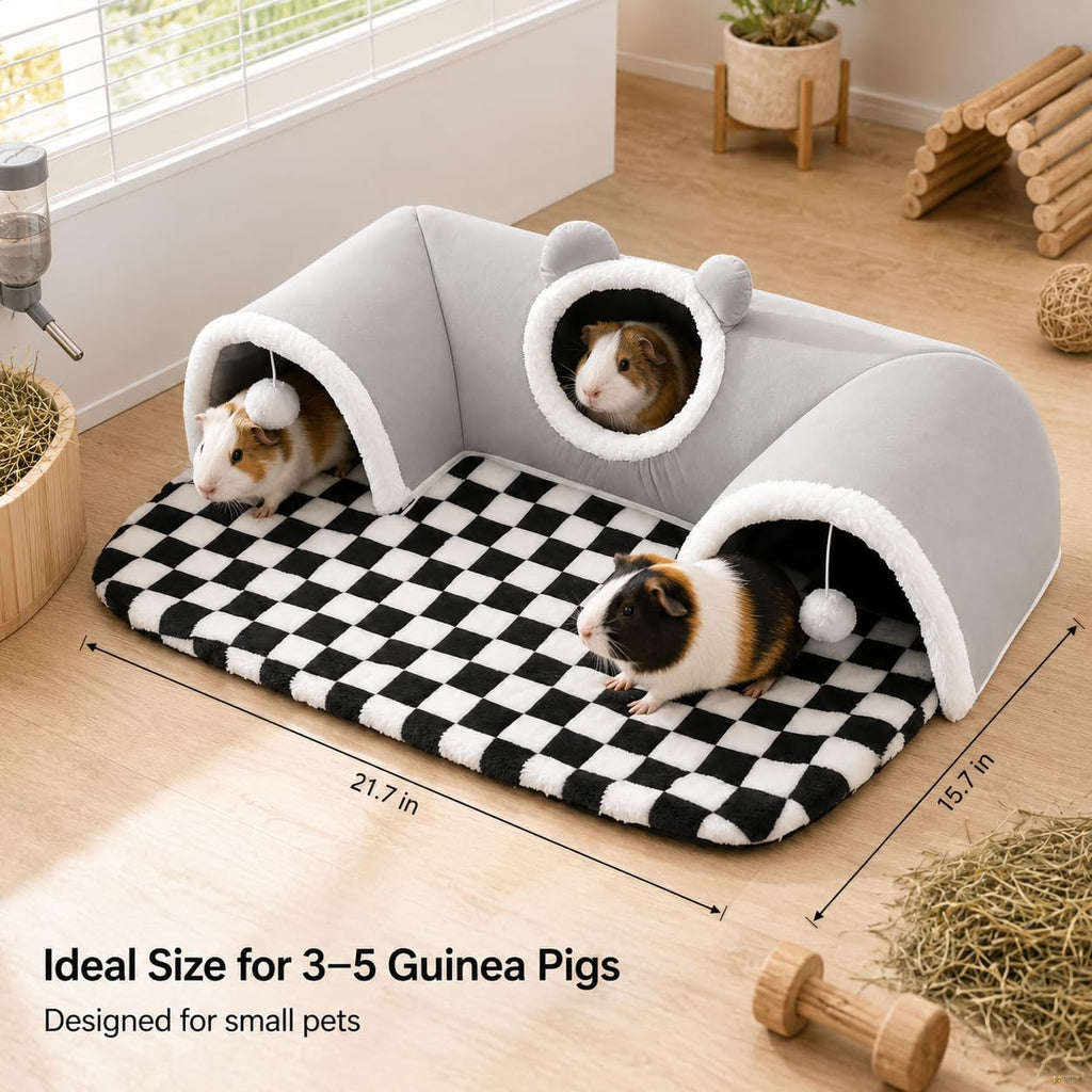 Large Guinea Pig Hideout Tunnel with Removable Warm Bed, 3-Cave Small Animal Hideaway Play Tunnel, Cozy Cage Accessories for Hamsters, Chinchillas, Rats