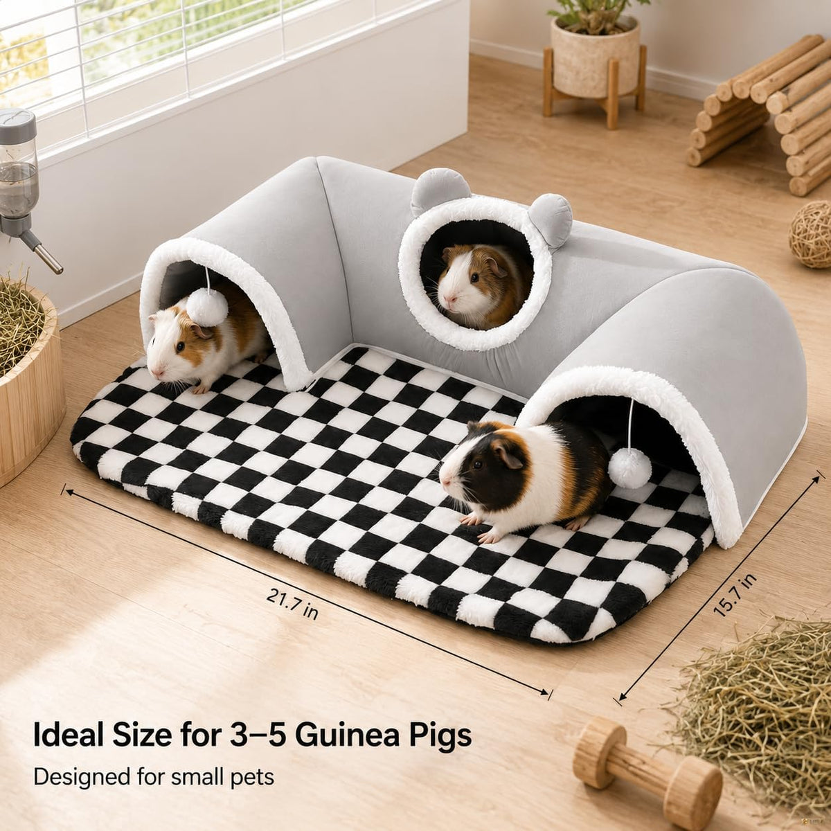 Large Guinea Pig Hideout Tunnel with Removable Warm Bed, 3-Cave Small Animal Hideaway Play Tunnel, Cozy Cage Accessories for Hamsters, Chinchillas, Rats