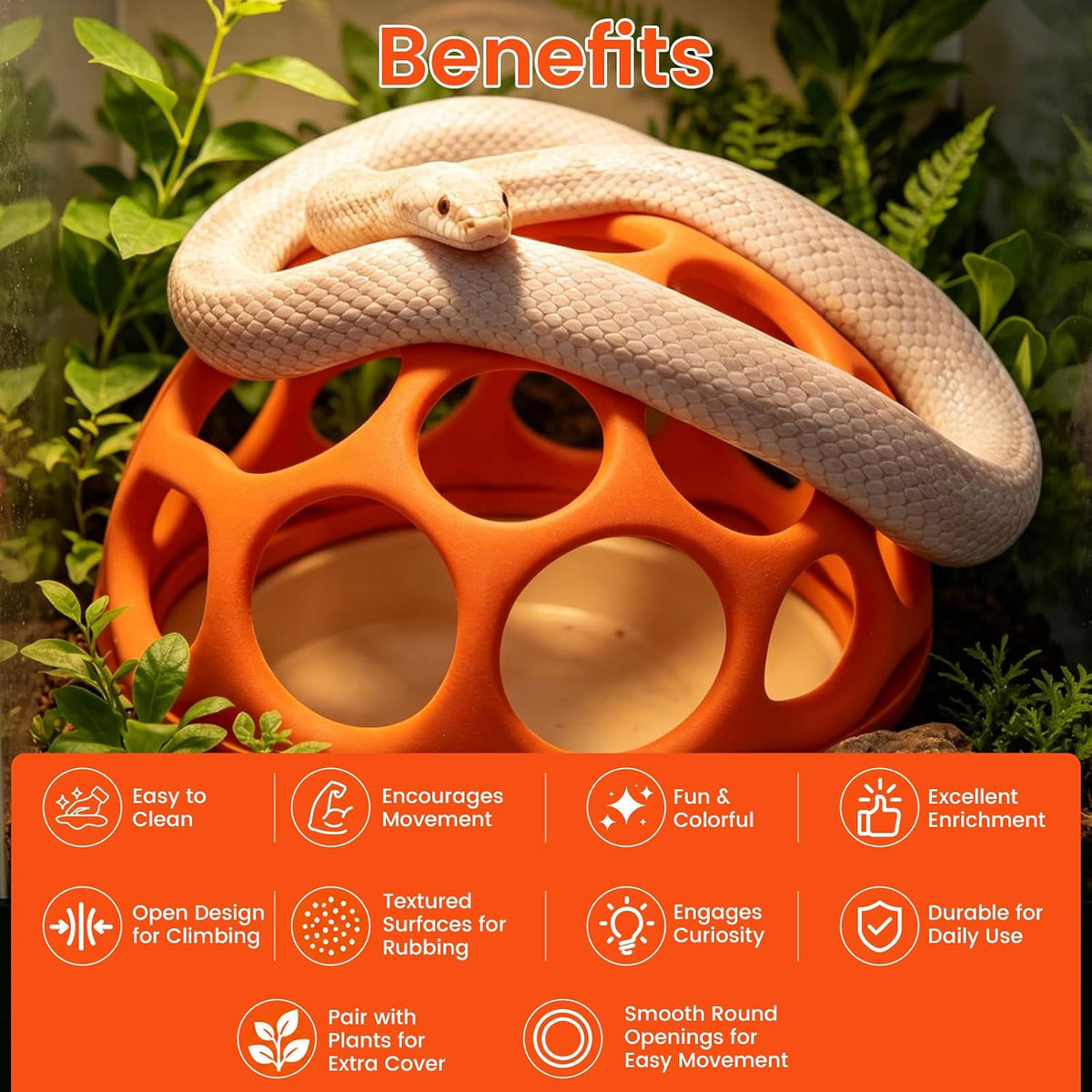 Medium Snake Jungle Gym for Small to Medium Snakes, Reptile Climbing Frame and Enrichment Decor for Corn Snakes, Hognose Snakes, Juvenile Ball Pythons, Bearded Dragons and Chameleons (Orange)
