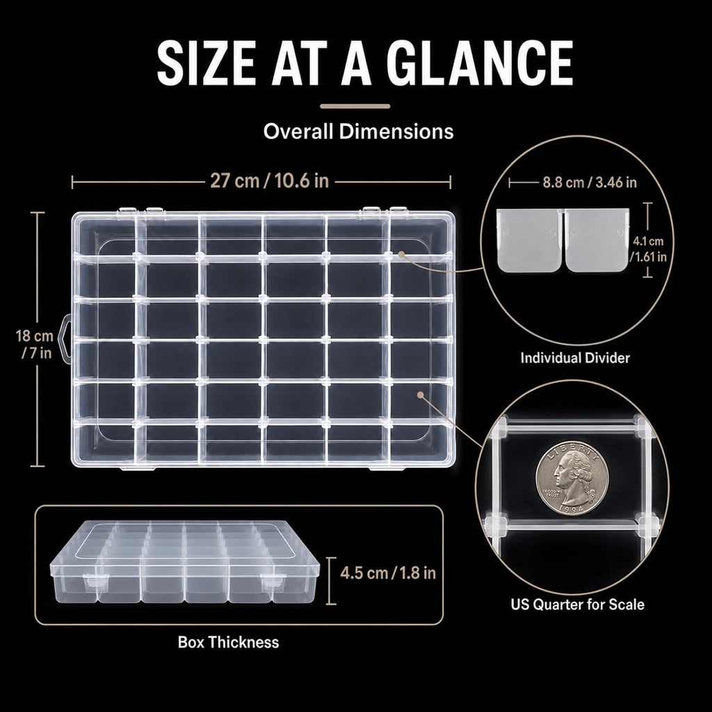 Guyuyii 2 PC 36 Grid Clear Bead Storage Containers with Adjustable Dividers