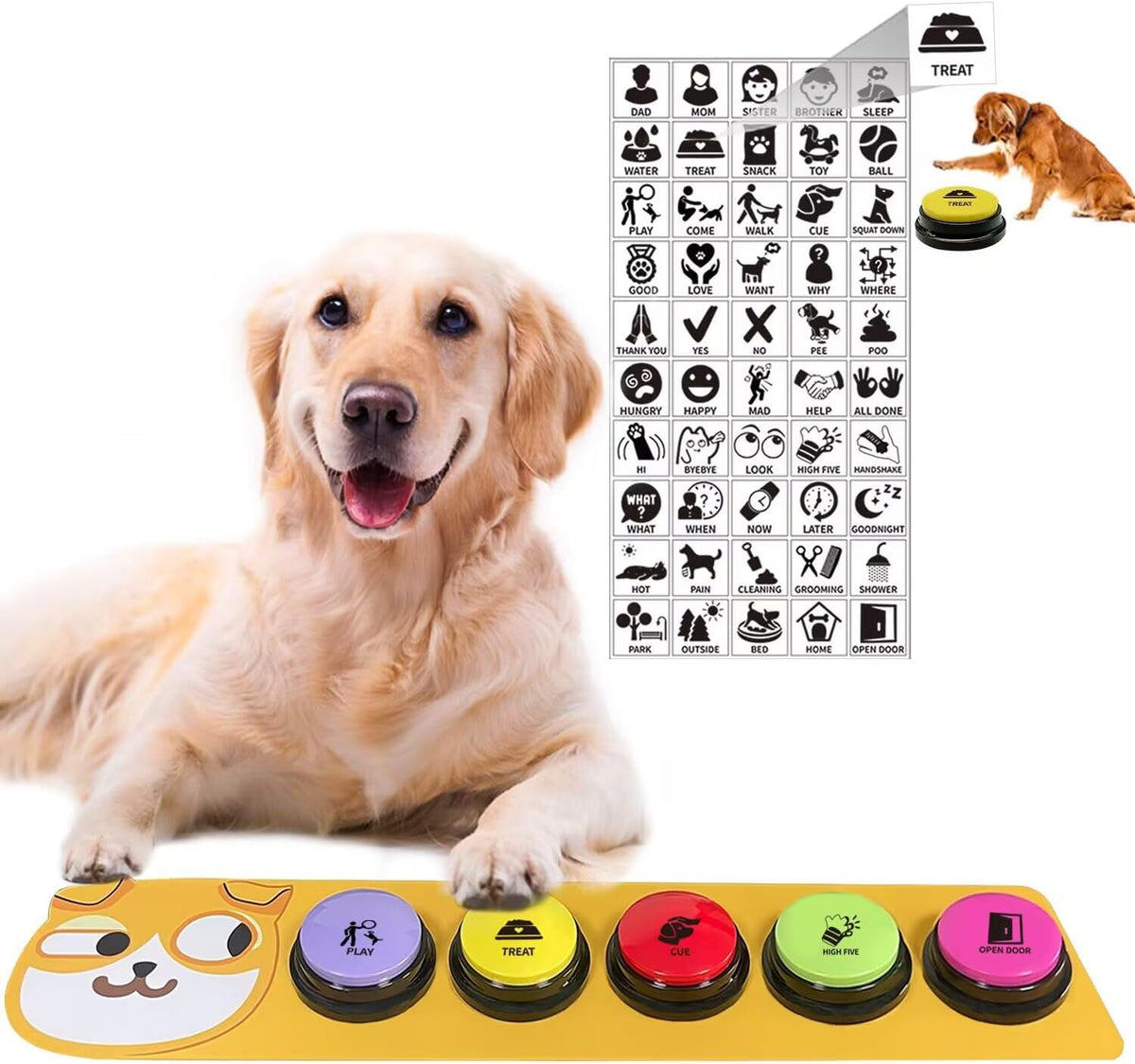 RIBOSY Dog Buttons for Communication, 5 Pcs Dog Speech Training Buzzers with Non-Slip Rubber Pad and 50 Stickers, 30 Seconds Voice Recording Button for Pet to Voice What They Want (Battery Included)