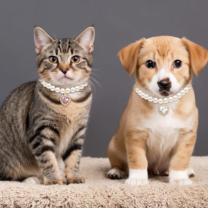 2pcs Cute Girl Cat Collar, Fancy Dog Pearl Necklace Collars Adjustable Pearl - Image 3