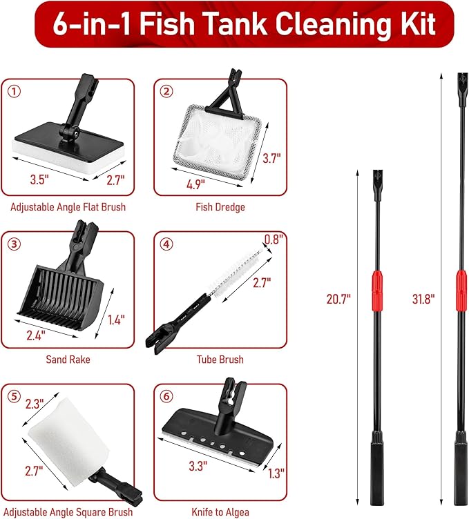 6 in 1 Aquarium Cleaning Tool Kit Fish Tank Algae Scraper, Sponge Pad, Fish Net - Image 2