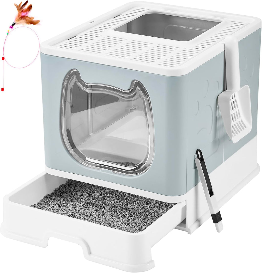 Cat Litter Box with Lid, Top Entry Kitten Litter Box with Controlled Access, Covered Enclosed Cat Potty Odor Control for Small to Medium Cats, Scoop and Clean Brush Included (Grey)