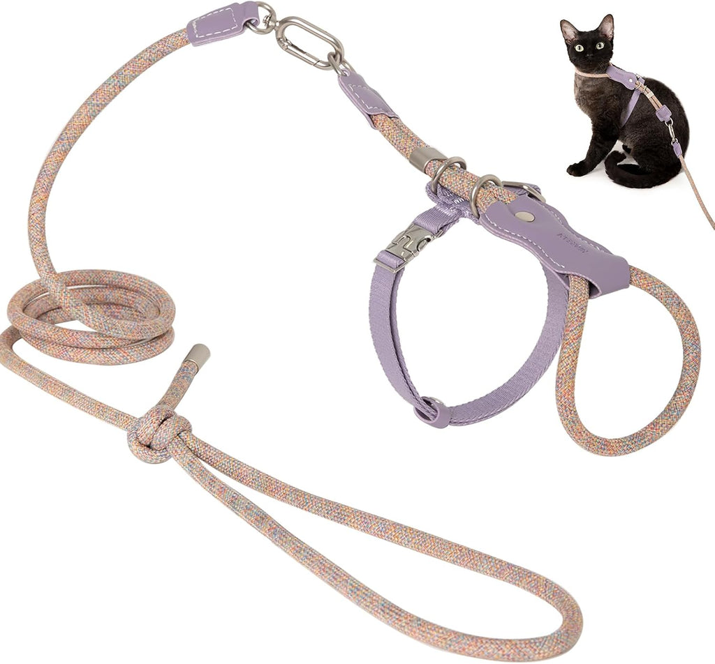 ETIAL Premium Adjustable Escape-Proof Cat Harness & Leash Set with Leather Sliding Back, 4.3ft Nylon Rope, Cross-Strap, Heavy-Duty Buckles for Secure Walking (Hibiscus Purple, Back Length 3.5”-4.7”)