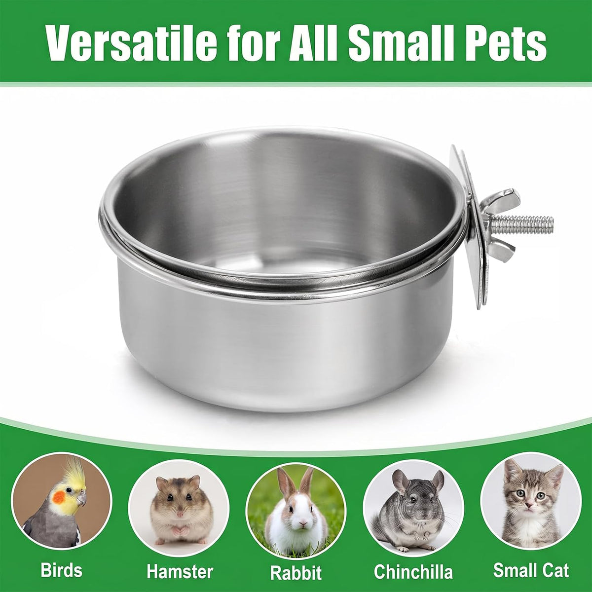 Okllen 4 Pack Bird Feeding Dish Cups, Detachable Stainless Steel Bird Food Bowls with Clamp for Chinchilla Parrot Cockatiel Conure Budgies Parakeet Small Animal